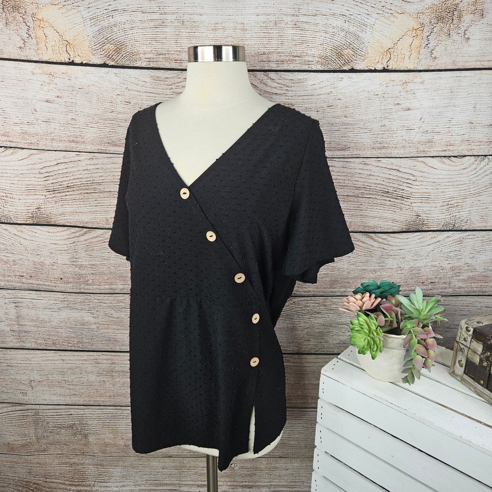 5/$25 Belle by Belldini Button Down Top Swiss Dot V Neck Blouse Black XL